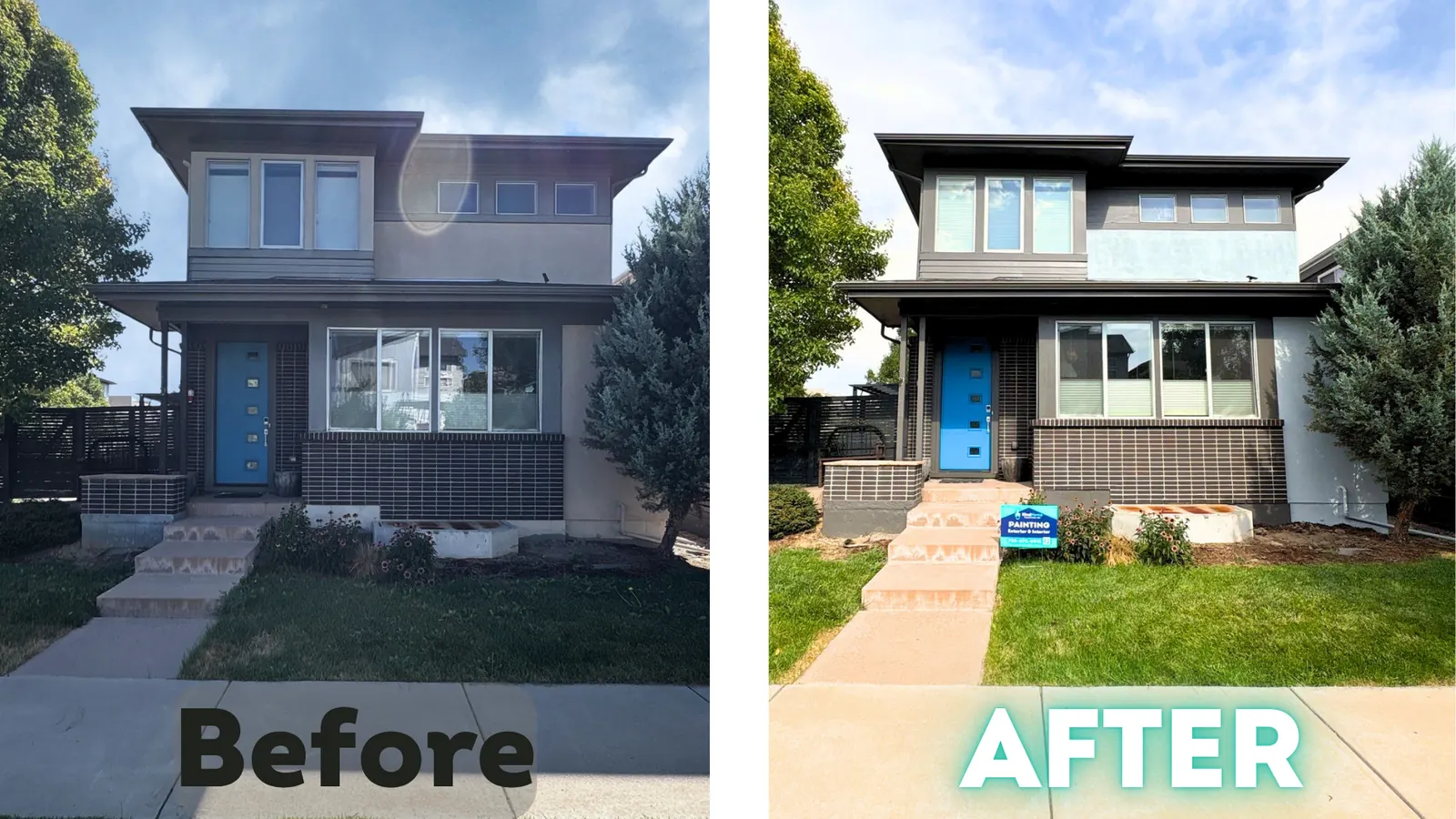 Before and after of a two-story north Denver stucco home repainted in Sherwin-Williams Krypton blue-gray with Urbane Bronze trim